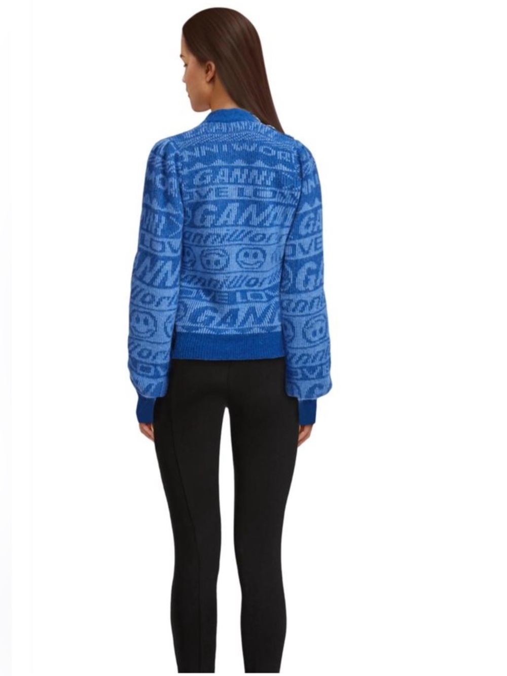 GANNI Alpaca and Merino Wool Jaquard Logo Button Sweater in Blue NWT's Sz Small - Picture 7 of 17